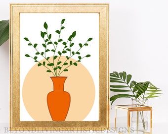 8x10 Pomarańczowy Wazon Wydruk, Zielony Kwiat W Wazonie Cyfrowe Pobieranie Wydruku Artystycznego, Cyfrowe Pobieranie, Wystrój Domu, Wazon Kwiatów Wydruk Artystyczny, Wystrój Boho