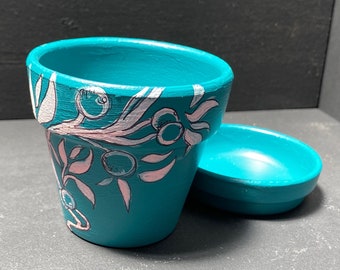 Teal and Pink Floral Hand Painted Terra Cotta Planter with Saucer