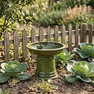Baño redondo de cerámica para pájaros sobre fondo verde