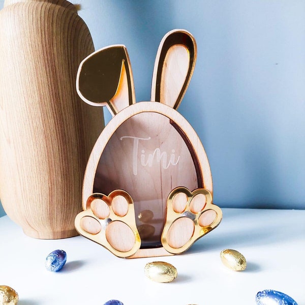 Huevo de Pascua personalizado sobre huevos de chocolate | Huevo de Pascua de madera | Conejito de Pascua con nombre