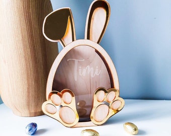 Oeuf de Pâques personnalisé sur œufs en chocolat | Oeuf de Pâques en bois | Lapin de Pâques avec nom