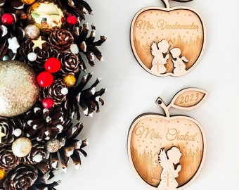 Personalized name Christmas ornaments Apple Shape Custom baubles set, Wooden Personalised Teacher gift, Laser cut snowflakes