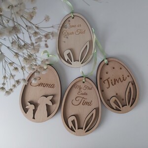 Pendentif panier de Pâques personnalisé Étiquettes en bois pour œufs de Pâques Signe de Pâques avec nom Étiquettes de lapin de Pâques image 4