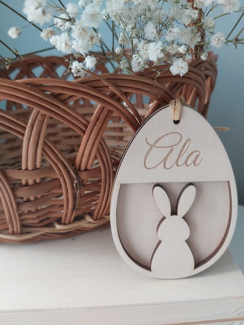 Pendentif panier de Pâques personnalisé Étiquettes en bois pour œufs de Pâques Signe de Pâques avec nom Étiquettes de lapin de Pâques Easter Egg nr. 4