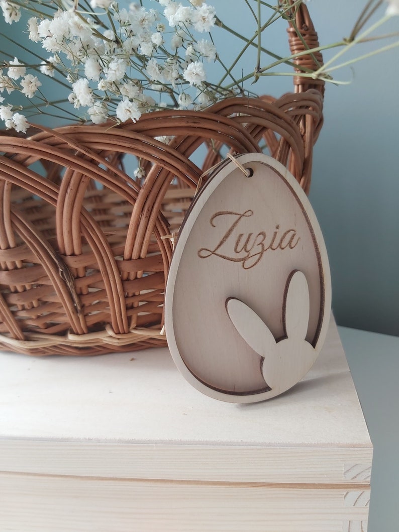 Pendentif panier de Pâques personnalisé Étiquettes en bois pour œufs de Pâques Signe de Pâques avec nom Étiquettes de lapin de Pâques Easter Egg nr. 5