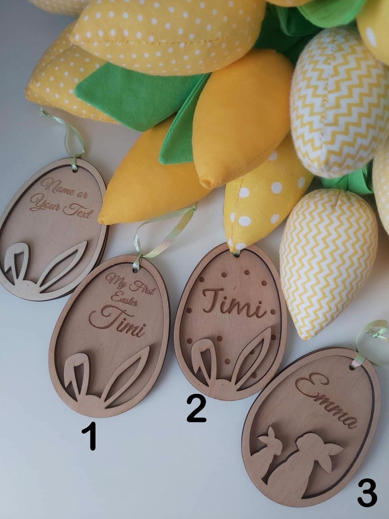 Pendentif panier de Pâques personnalisé Étiquettes en bois pour œufs de Pâques Signe de Pâques avec nom Étiquettes de lapin de Pâques image 3