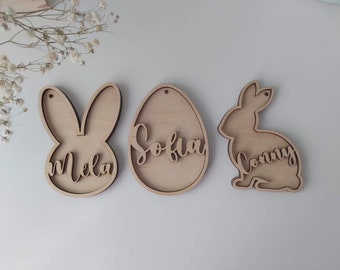 Pendentif panier de Pâques personnalisé | Étiquettes en bois pour œufs de Pâques | Signe de Pâques avec nom | Étiquettes de lapin de Pâques