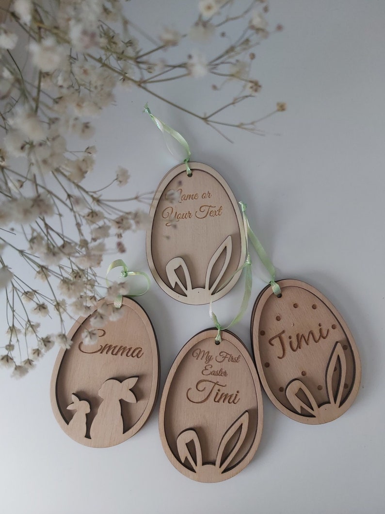 Pendentif panier de Pâques personnalisé Étiquettes en bois pour œufs de Pâques Signe de Pâques avec nom Étiquettes de lapin de Pâques image 4