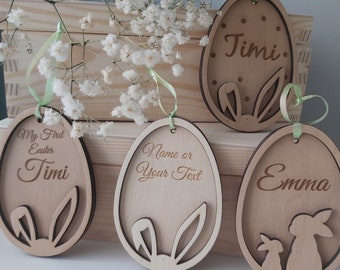 Colgante de cesta de Pascua personalizado | Etiquetas de madera para huevos de Pascua | Signo de Pascua con nombre | Etiquetas del conejito de Pascua | Nombre Decoración de Pascua