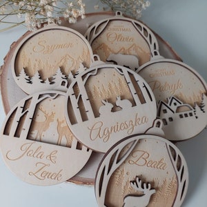 Personalized name Christmas ornaments Custom baubles set, Wooden Personalized hanging gift, Laser cut snowflakes Christmas tree Eve