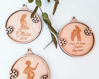 Personalized name Christmas ornaments Custom baubles set, Wooden Personalised hanging gift, Laser cut snowflakes Christmas tree Eve