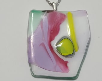 Glass Jewelry |  | glass necklace  | Colorful glass, pink glass fused pendant, glass blown jewelry with sterling silver 22" chain - 1024