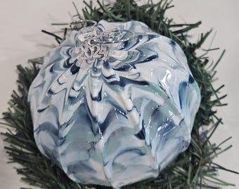 Hand Blown Glass Christmas Ornament | White & Blue Swirl Bauble
