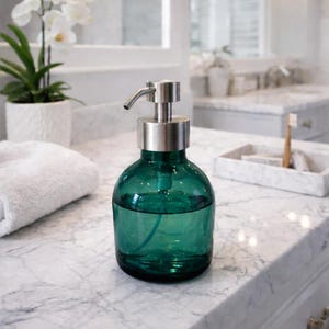 Hand Blown Glass Foaming Soap Pump – Refillable Dispenser, Kitchen Bathroom Decor