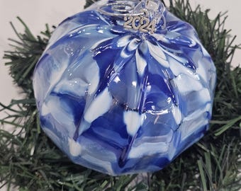 Handmade Glass Christmas Ornament | Blue & White Swirl, 2025 Tag | Blown Glass Art
