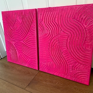 Magenta Fuschia Pink Midcentury Textured Abstract Canvas Wall Art | SET OF 2 | Spackle Art | Colorful Modern Wall Decor
