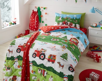 HLC Mädchen Jungen Kinder Weihnachten Festliche Bauernhof Tiere Grün Bettbezug Bettwäsche