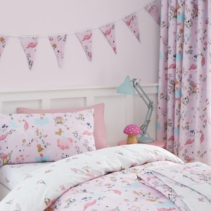 HLC Enchanted Forest Unicorn Pink Reversible Duvet Cover Bedding Blackout Curtains Bunting Banner