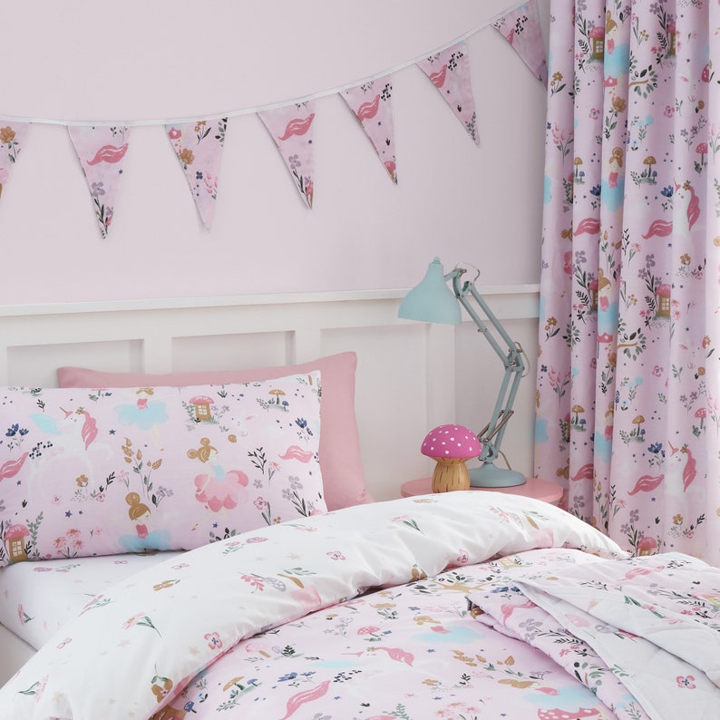 HLC Enchanted Forest Unicorn Pink Reversible Duvet Cover Bedding Blackout Curtains Bunting Banner