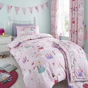 HLC Girls Kids Unicorns Princess Rainbows Pink Reversible Duvet Cover Bedding Set Curtains Throw Bunting image 1