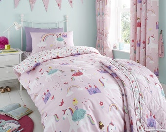 HLC Girls Kids Unicorns Princess Rainbows Pink Reversible Duvet Cover Bedding Set Curtains Throw Bunting