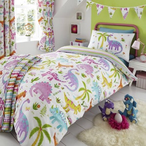 HLC Girls Dinosaur Park Jurassic White Reversible Duvet Cover Curtains Throw
