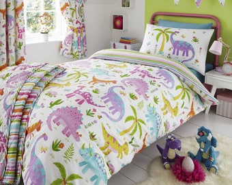 HLC Girls Dinosaur Park Jurassic White Reversible Duvet Cover Curtains Throw