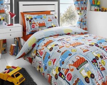 HLC Big Digger Trucks Tractor JCB Boys Grey Blue Duvet Cover Bedding Curtains