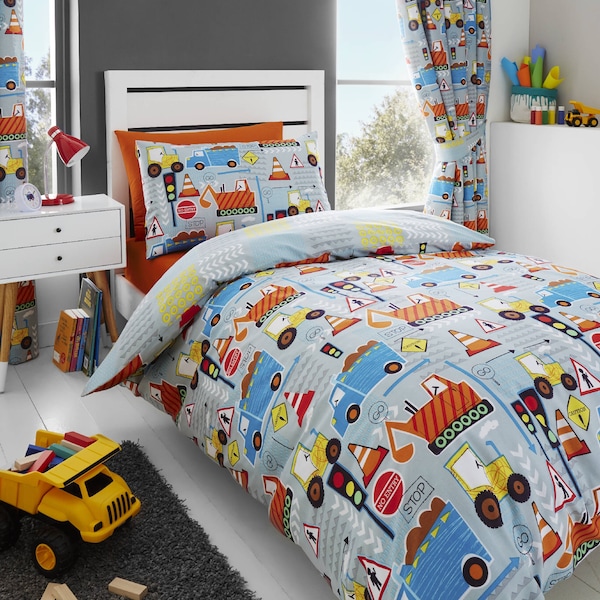 HLC Big Digger Trucks Tractor JCB Boys Grey Blue Duvet Cover Bedding Curtains