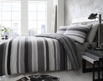 HLC Simply Stripes Black Charcoal Grey White Reversible Duvet Cover Bedding Set