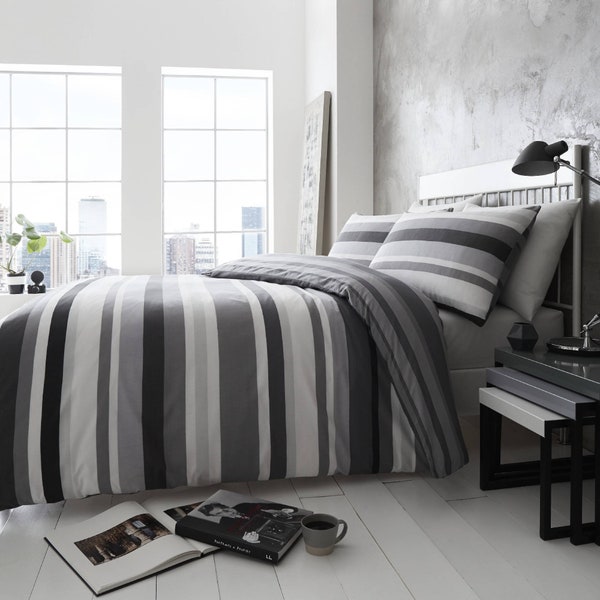 HLC Simply Stripes Black Charcoal Grey White Reversible Duvet Cover Bedding Set