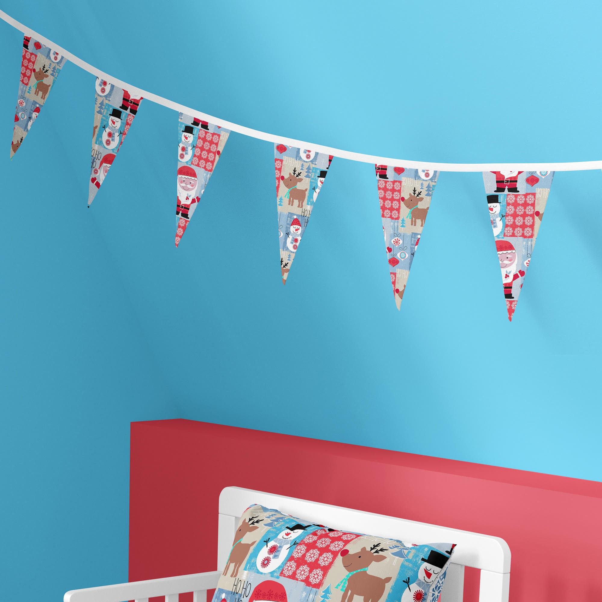 Happy Linen Company Bettwäsche-Set Weihnachten | Wendbar Mit Weihnachtsmann-Patchwork | Für Kleinkindbett | Blau | Baumwollmix
