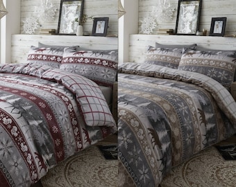 HLC 100% Brushed Cotton Nordic Scandi Hygge Warm Check Reversible Duvet Cover Set