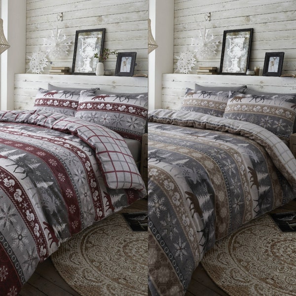 HLC 100% Brushed Cotton Nordic Scandi Hygge Warm Check Reversible Duvet Cover Set