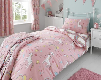 HLC Girls Kids Unicorns Rainbows Pink Reversible Duvet Cover Bedding Curtains Throw Bunting