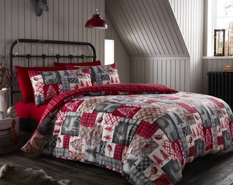 HLC Christmas Patchwork Red Reversible Duvet Quilt Cover Bedding Sherpa Fleece Throw