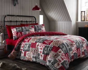 HLC Housse de couette réversible rouge patchwork de Noël en polaire Sherpa