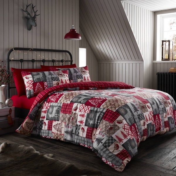 HLC Christmas Patchwork Red Reversible Duvet Quilt Cover Bedding Sherpa Fleece Throw