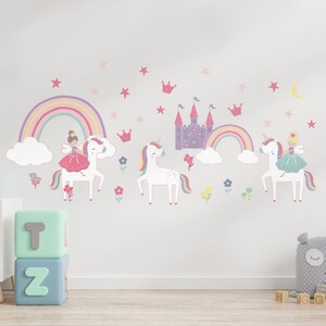 HLC Girls Kids Unicorns Princess Rainbows Pink Reversible Duvet Cover Bedding Set Curtains Throw Bunting Wall Sticker Pack