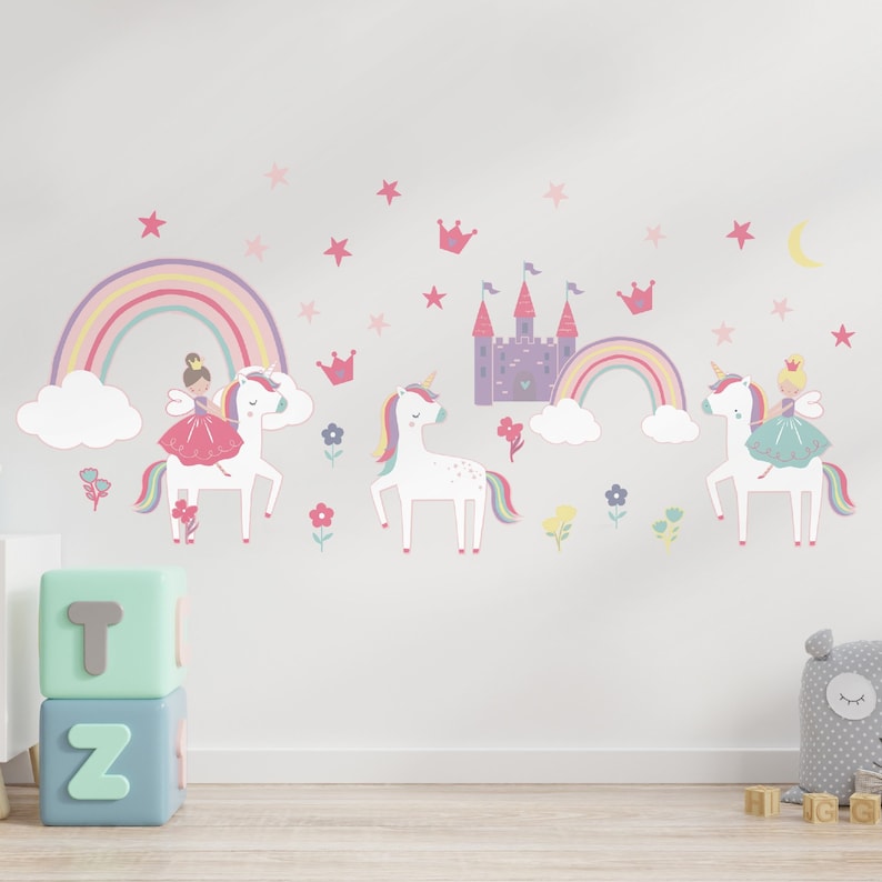 HLC Girls Kids Unicorns Princess Rainbows Pink Reversible Duvet Cover Bedding Set Curtains Throw Bunting Wall Sticker Pack