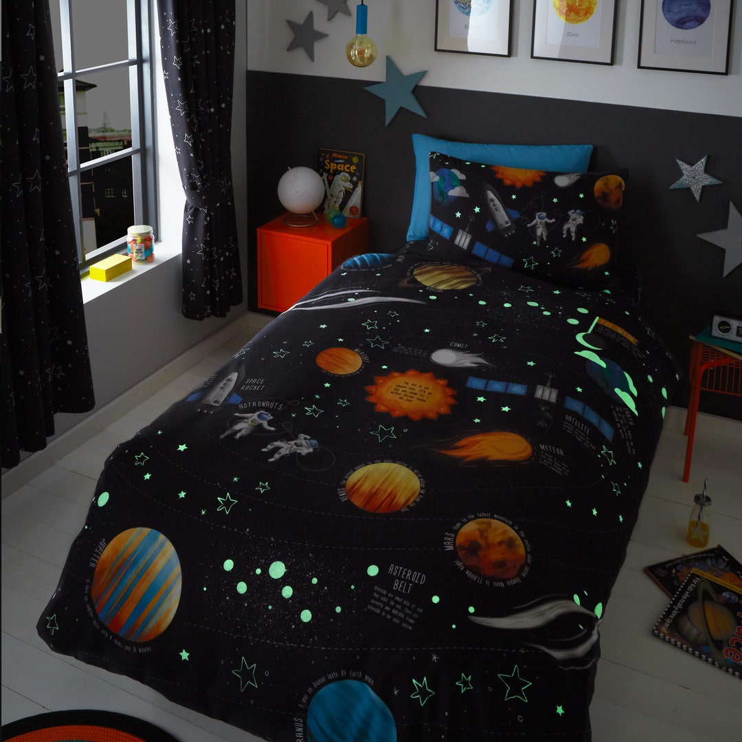 Kaleido Space Juego De Edredón Para Niños Tamaño Completo Para Niños, Juego De Ropa De Cama Para Jugadores Que Brilla En La Oscuridad 1 Edredón, 1 Almohada Decorativa, 2 Fundas De