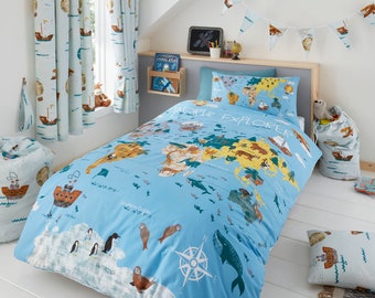 HLC Girls Boys Kids World Explorer Reversible Duvet Cover Bedding Curtains