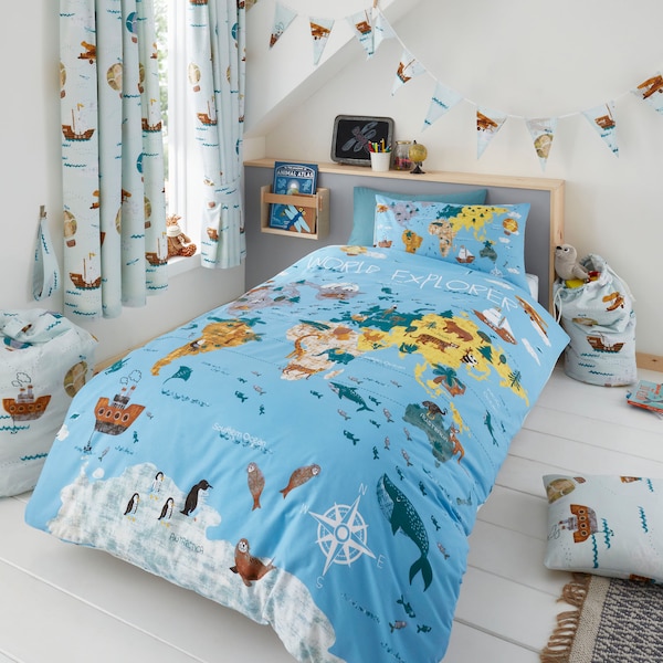 HLC Girls Boys Kids World Explorer Reversible Duvet Cover Bedding Curtains