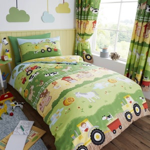 HLC Kids Farm Animals Green Reversible Duvet Cover Curtains Wall Stickers