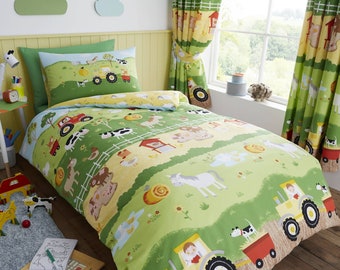 HLC Kids Farm Animals Green Reversible Duvet Cover Curtains Wall Stickers