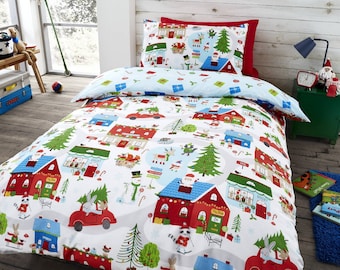 HLC Village Christmas Animals Santa White Reversible Duvet Cover Bedding Set
