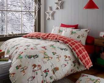 HLC Christmas Dogs Festive Taupe Natural Reversible Duvet Cover Bedding