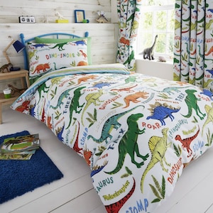 HLC Boys Girls Dinosaur Park Jurassic T-Rex Green Reversible Duvet Cover Curtains Wall Stickers