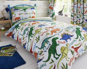 HLC Boys Girls Dinosaur Park Jurassic T-Rex Green Reversible Duvet Cover Curtains Wall Stickers