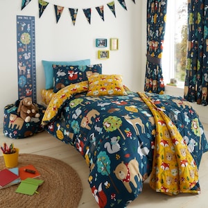 HLC Woodland Friends Animals Navy Blue Reversible Duvet Cover Bedding Curtains